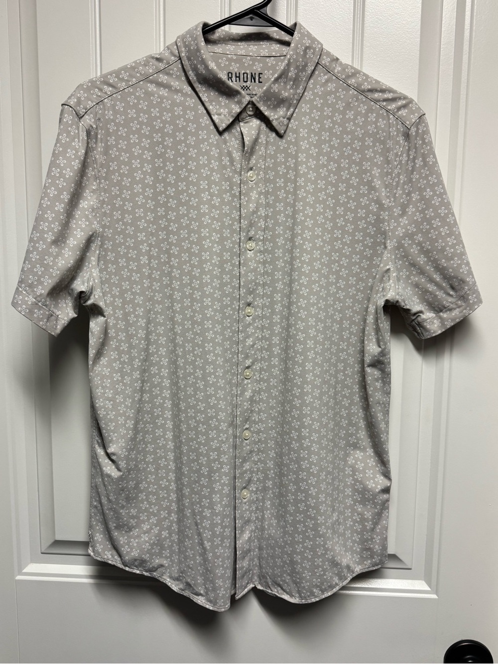 RHONE Tan Short Sleeve Button-Down with White Micro Floral Print